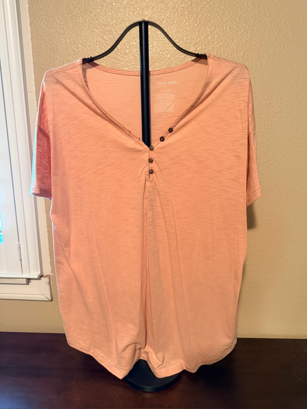 Knox Rose Peach Button-Front Short Sleeve Henley Top